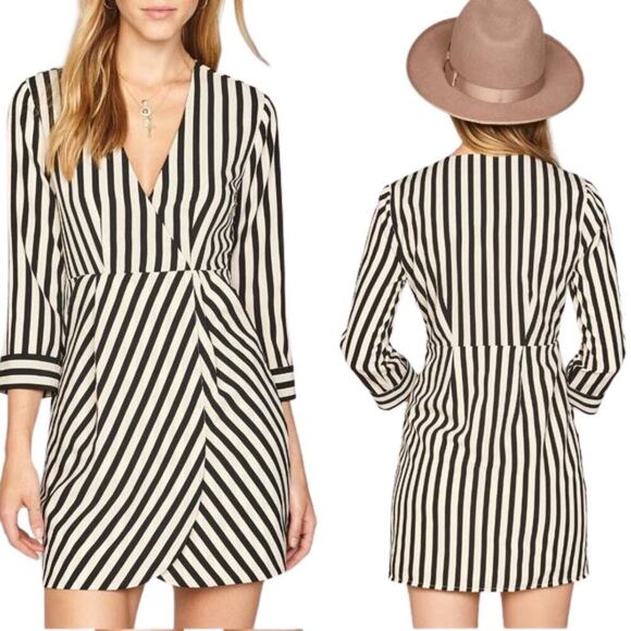 Amuse Society Dress Caught You Looking Striped Faux Wrap Mini Black Cream L - Picture 1 of 8